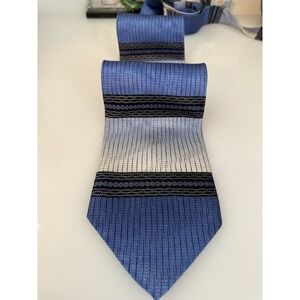 Steven Land 100% Silk Neck Tie‎ Blue Gray Black Striped Wide Handcrafted Korea